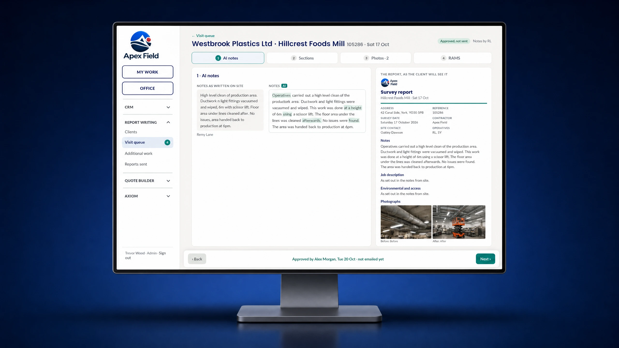 A desktop monitor showing Apex Field report writing: the notes written on site, the notes refined by AI, and the report as the client will see it