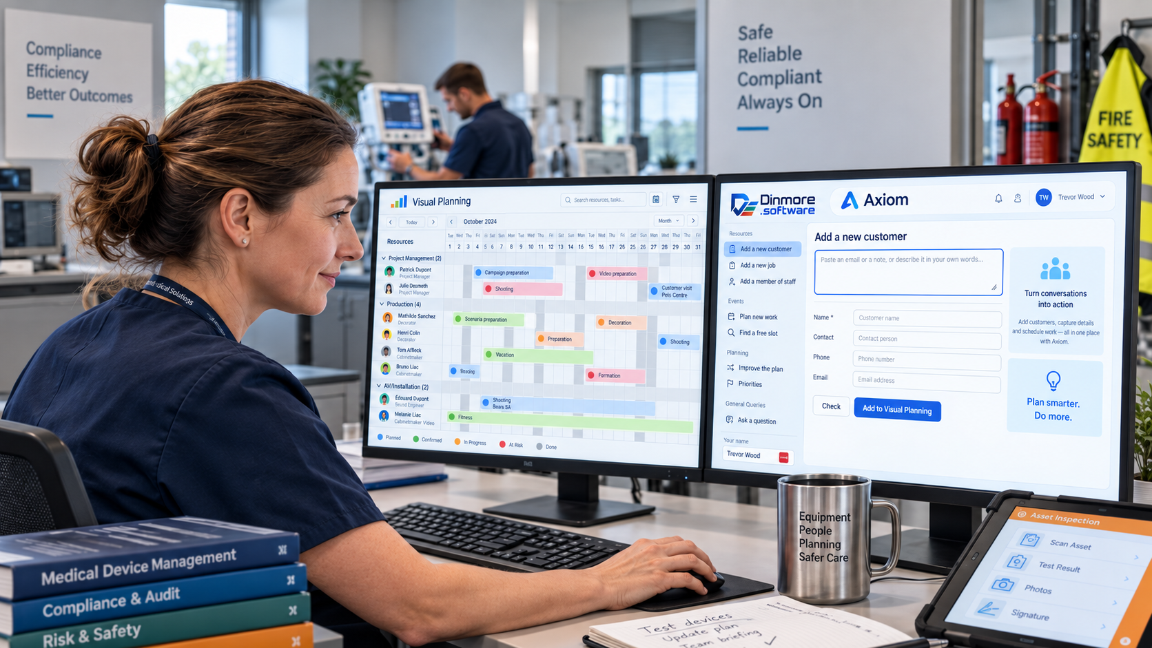 A planner at dual monitors using Axiom to add a new customer and Visual Planning to schedule work