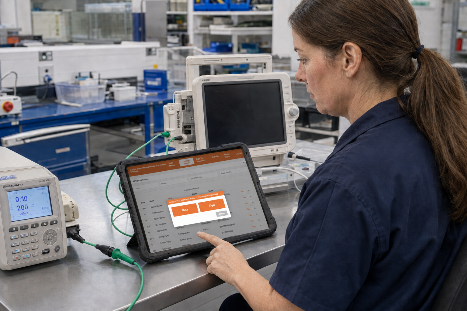 Biomedical engineer selecting test equipment in Dinsdale Apex while working beside a medical device analyser