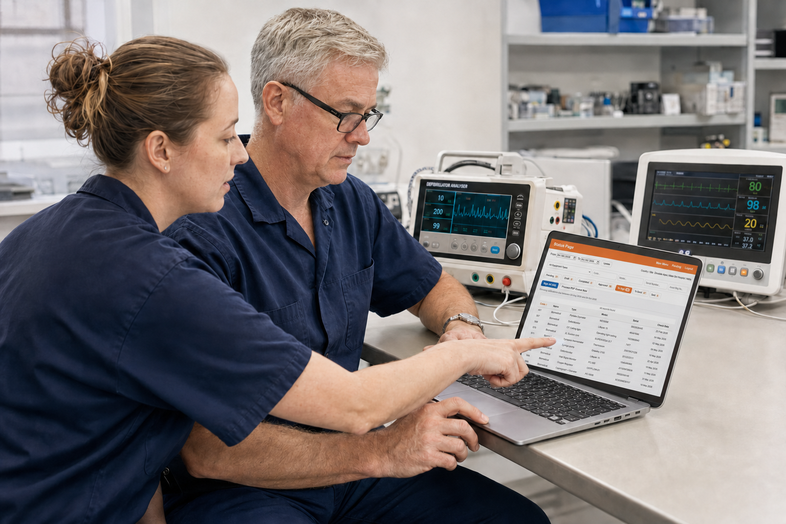 Two biomedical engineers reviewing completed calibration records in Dinsdale Apex on a notebook PC