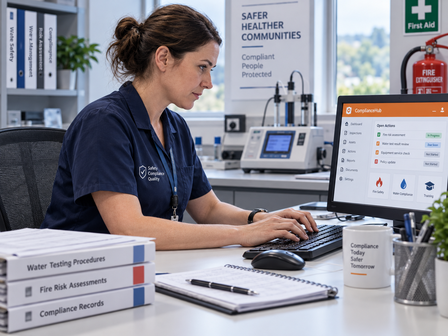 An office administrator working through compliance actions on screen, with water testing, fire risk assessment and compliance record folders beside her