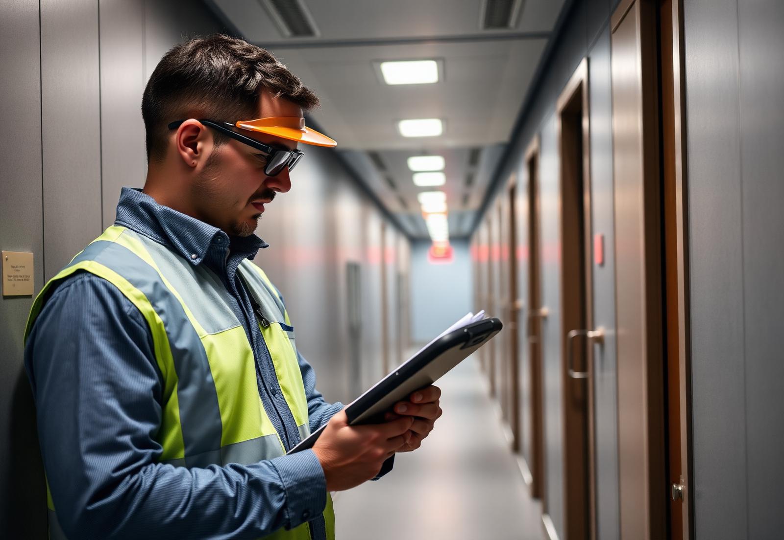 Fire safety engineer recording a fire door inspection on a tablet