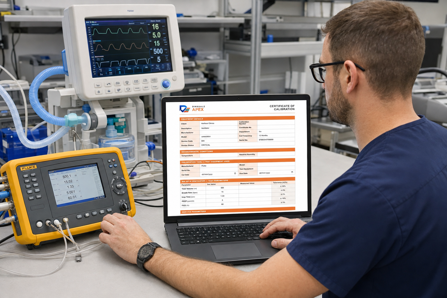 Biomedical engineer in a hospital workshop calibrating a ventilator with a Fluke analyser while completing a Dinsdale Apex certificate of calibration on a notebook PC