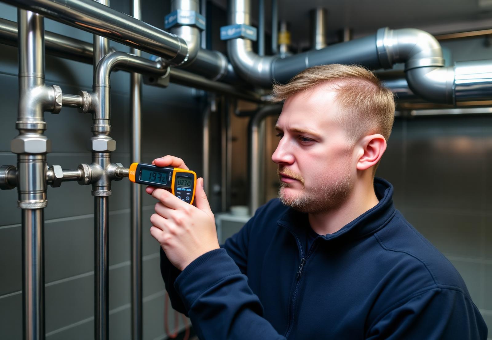 Water hygiene engineer taking a temperature reading from pipework in a plant room